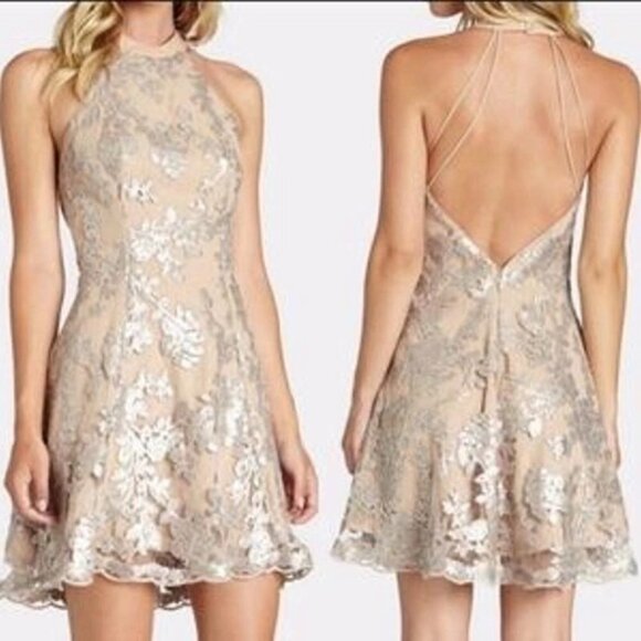 Dress The Population Abbie Sequin Skater Halter Strappy Mesh Wedding Large Dress - Picture 1 of 12